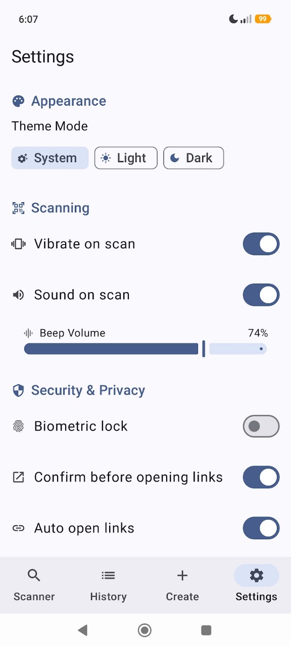 Barcode Scanner & QR Scanner Android App Interface Screenshot 4