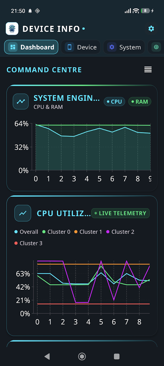 Device Info: System, CPU, RAM Android App Interface Screenshot 1