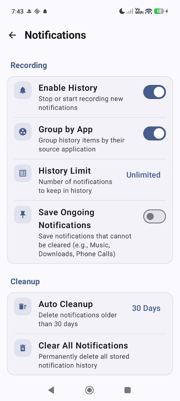 Notification History Log Android App Interface Screenshot 5
